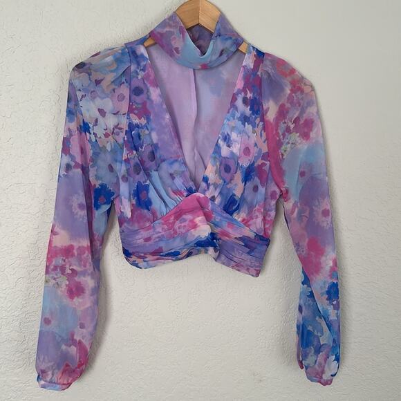 Zara Choker Chiffon Blue Pink Long Sleeve Top Ruched 70s Party Blogger Summer - Picture 2 of 8